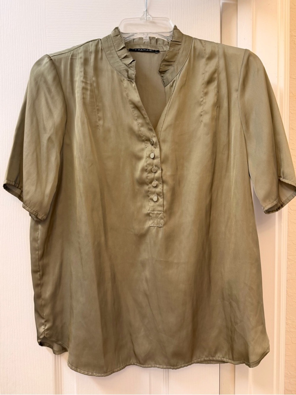 Tahari Olive Green Short-Sleeve Silk Blouse